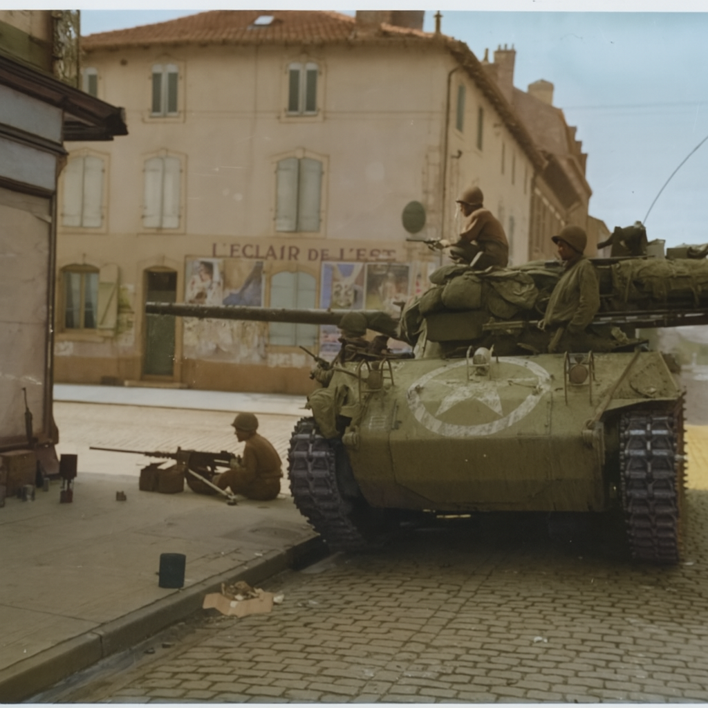 A GI trains his machine gun down a street in Frambois, France, while an American tank provides close support, September 22, 1944