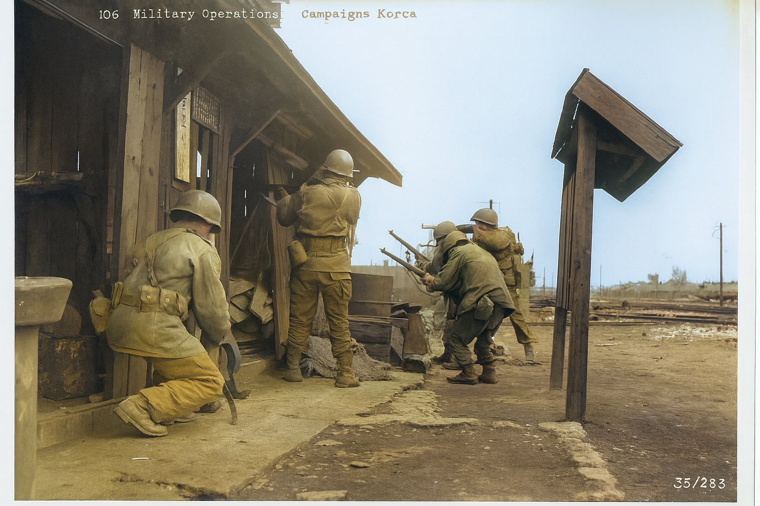 1st Cavalry Division soldiers fighting in Pyongyang railroad yard during capture of North Korea's capital, October 1950