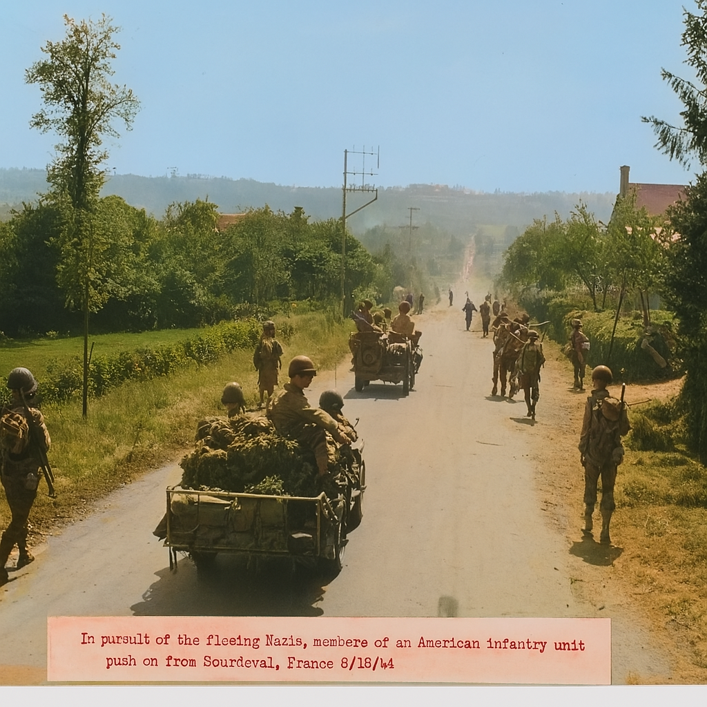In pursuit of fleeing Nazis, American infantry push on from Sourdeval, France, August 13, 1944