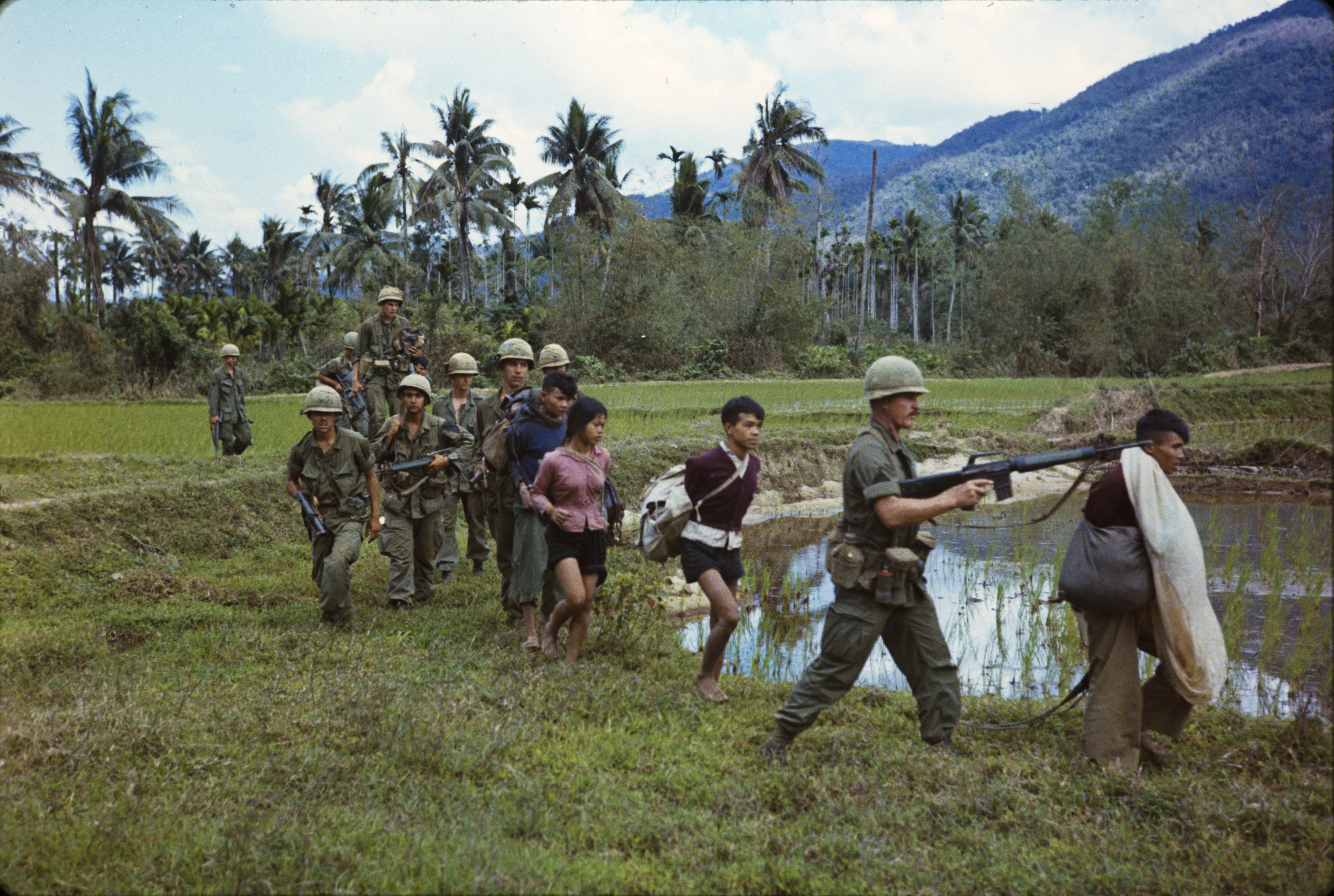 1st Cavalry Division soldiers escort Viet Cong prisoners through Vietnamese rice paddies, 1967